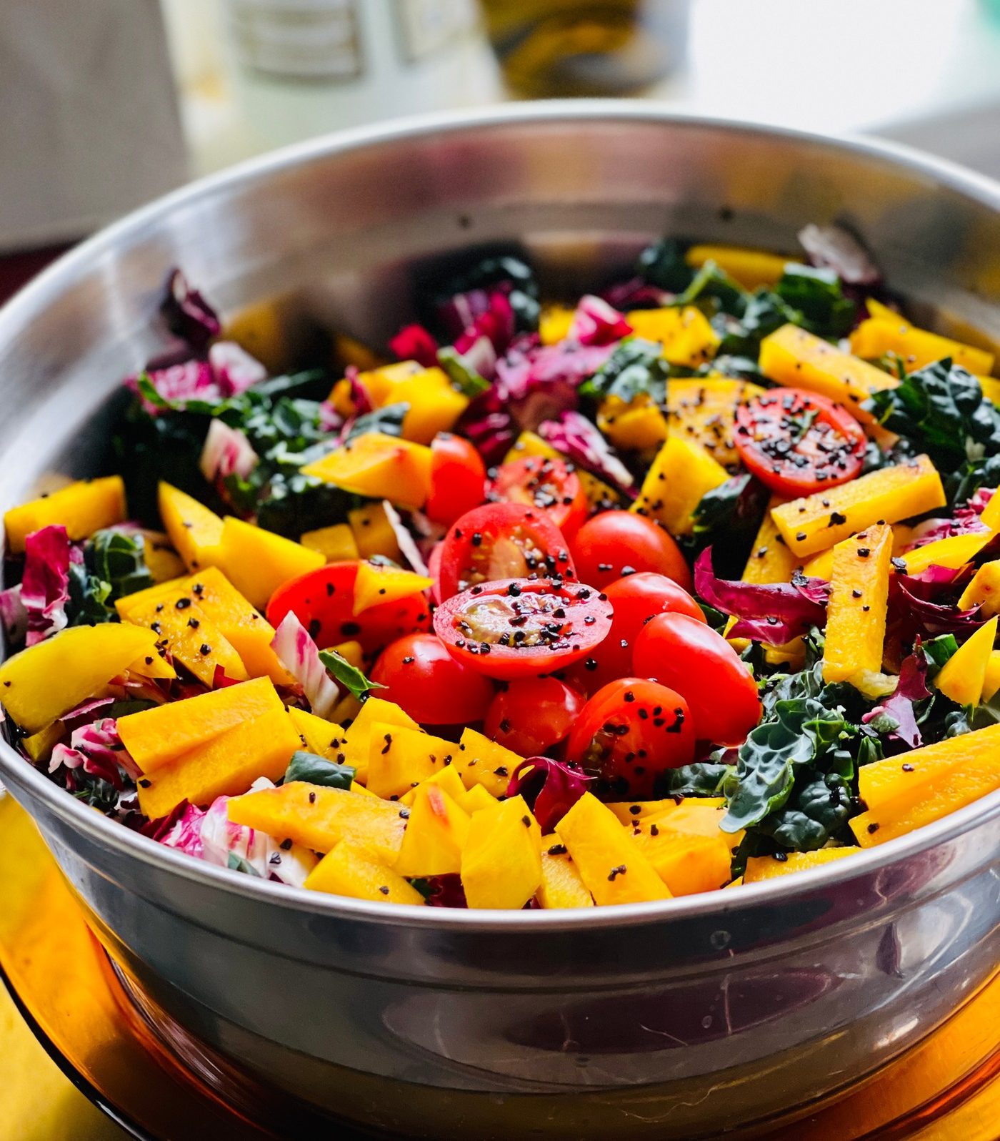 Seasonal Portland farmers market kale and mango salad