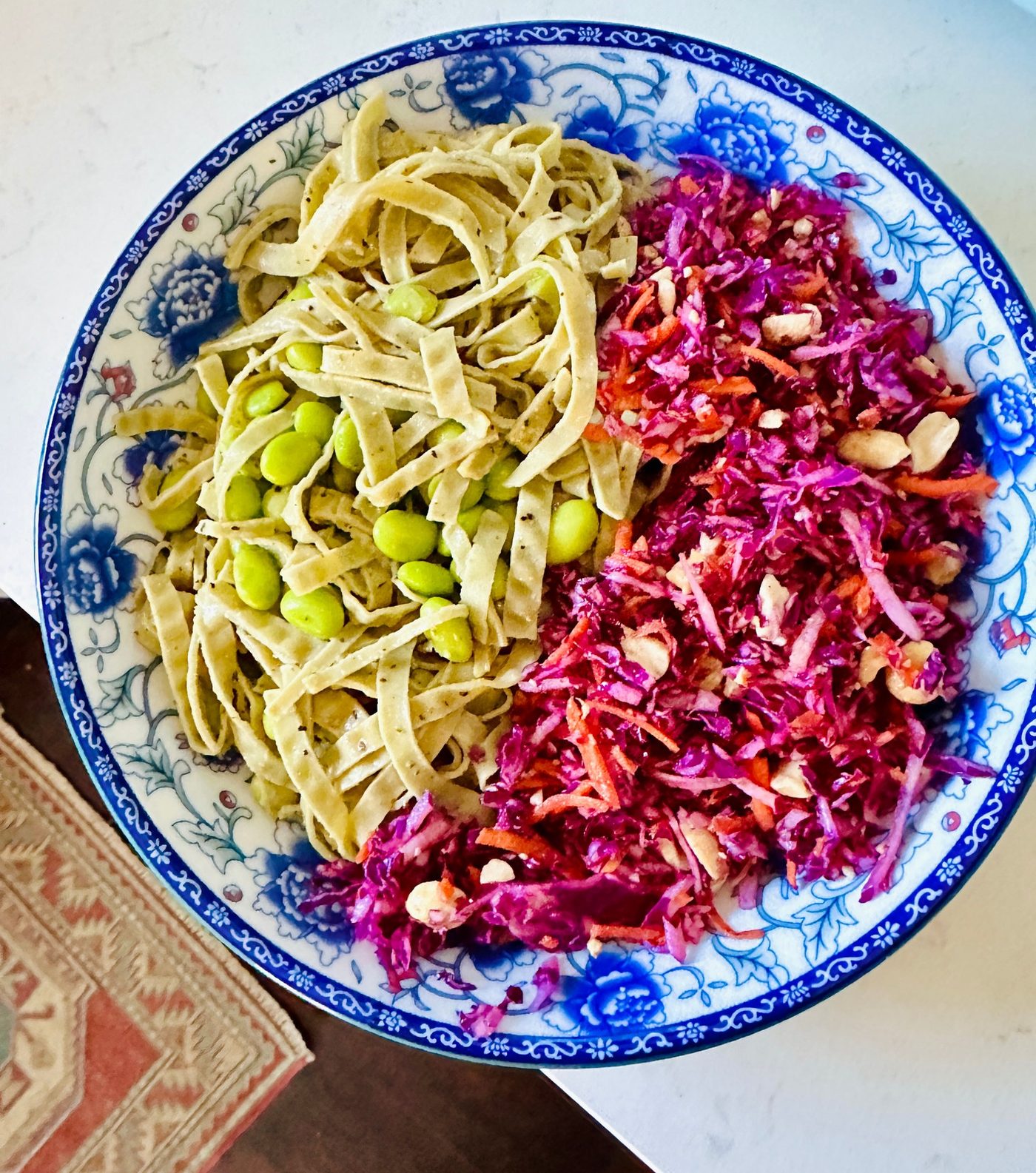 Dietary-restriction-friendly pasta with edamame and beet slaw